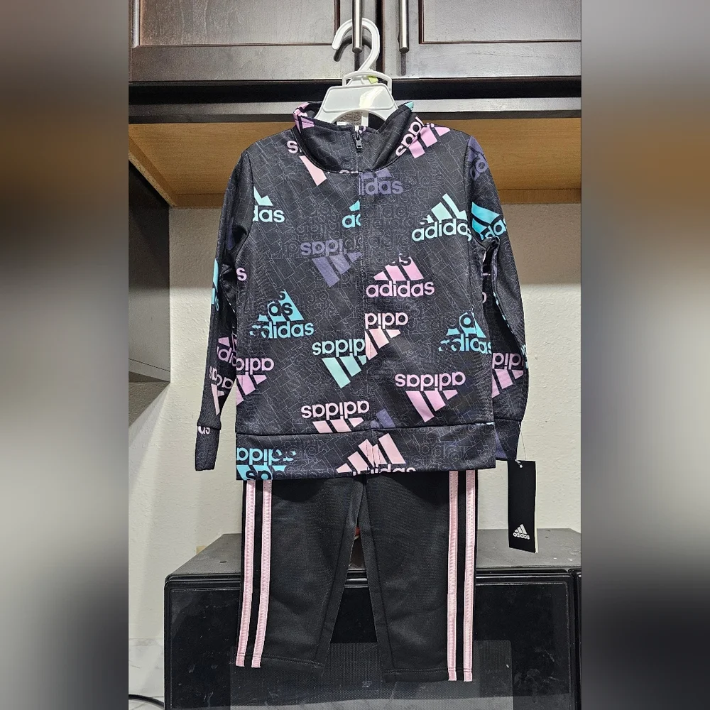 New Adidas Kids' Black Tracksuit with Pink and Blue Accents toddler girls 4T